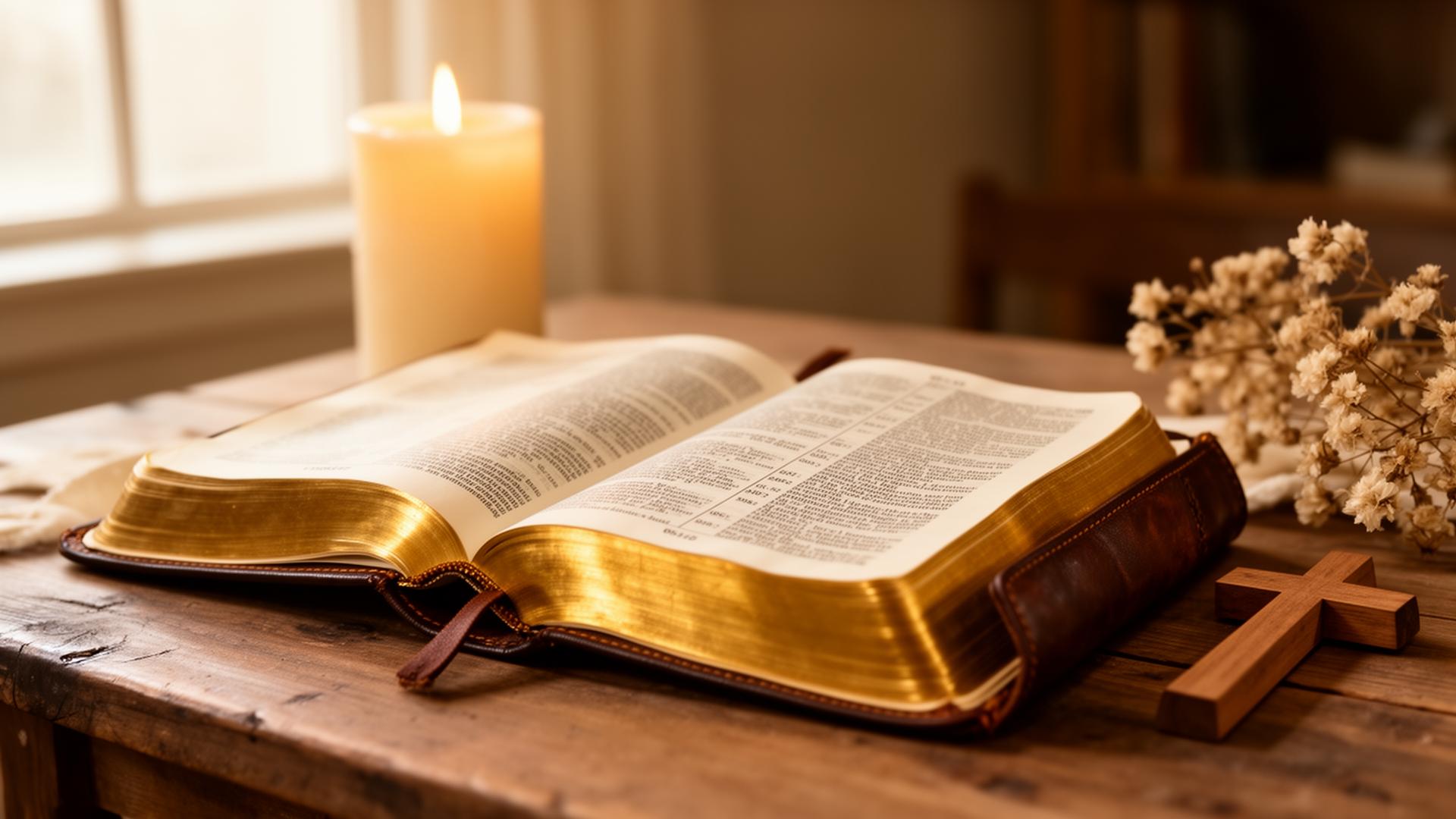 An open Bible with gilded pages beside a softly glowing candle on a wooden table