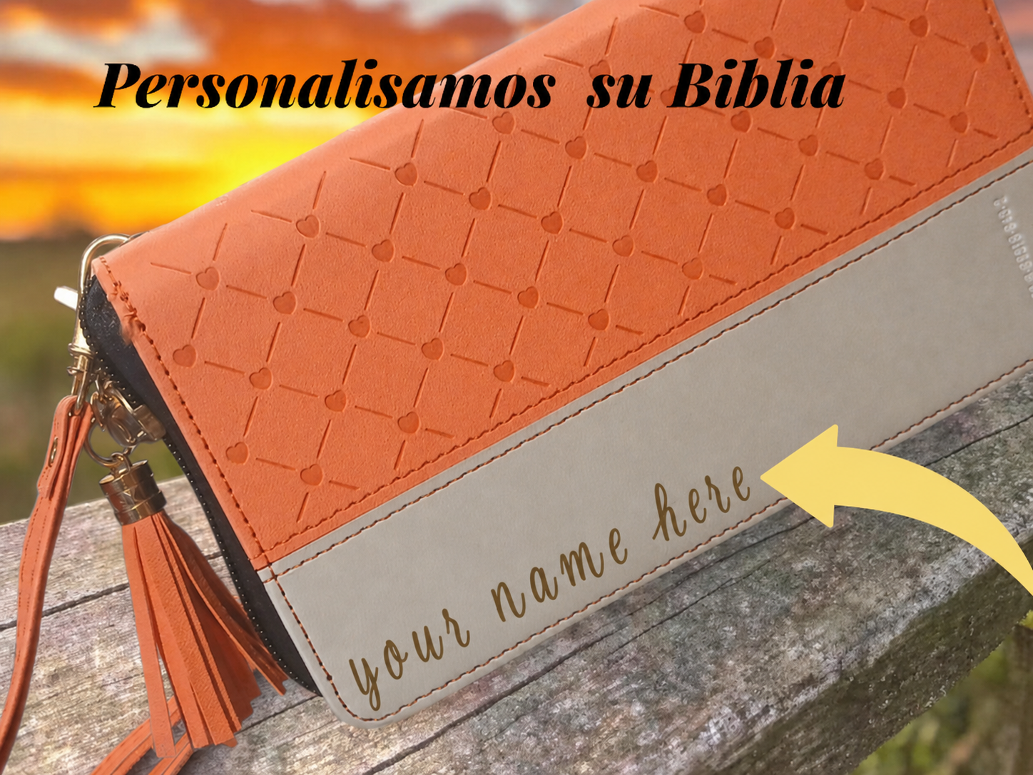 A personalized Bible cover with a name engraved in cursive lettering